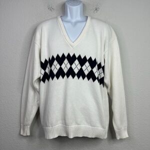 Christian Dior Sweater Mens L Cream VTG V-Neck‎ Argyle Preppy Nerdy Coastal Golf